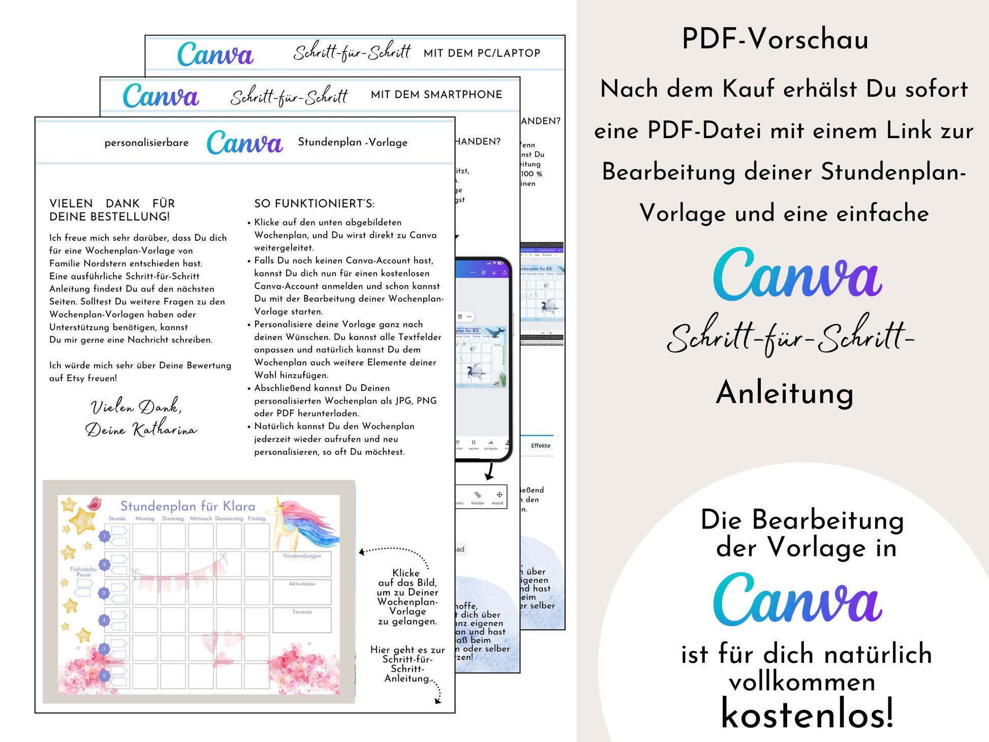 Stundenplan für die Grundschule mit Schulfach Bildkarten für Kinder, 70 Schulfachkarten zum Ausdrucken, Sofort-Download "Einhorn"