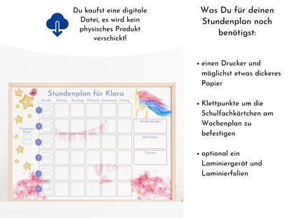 Stundenplan für die Grundschule mit Schulfach Bildkarten für Kinder, 70 Schulfachkarten zum Ausdrucken, Sofort-Download "Einhorn"