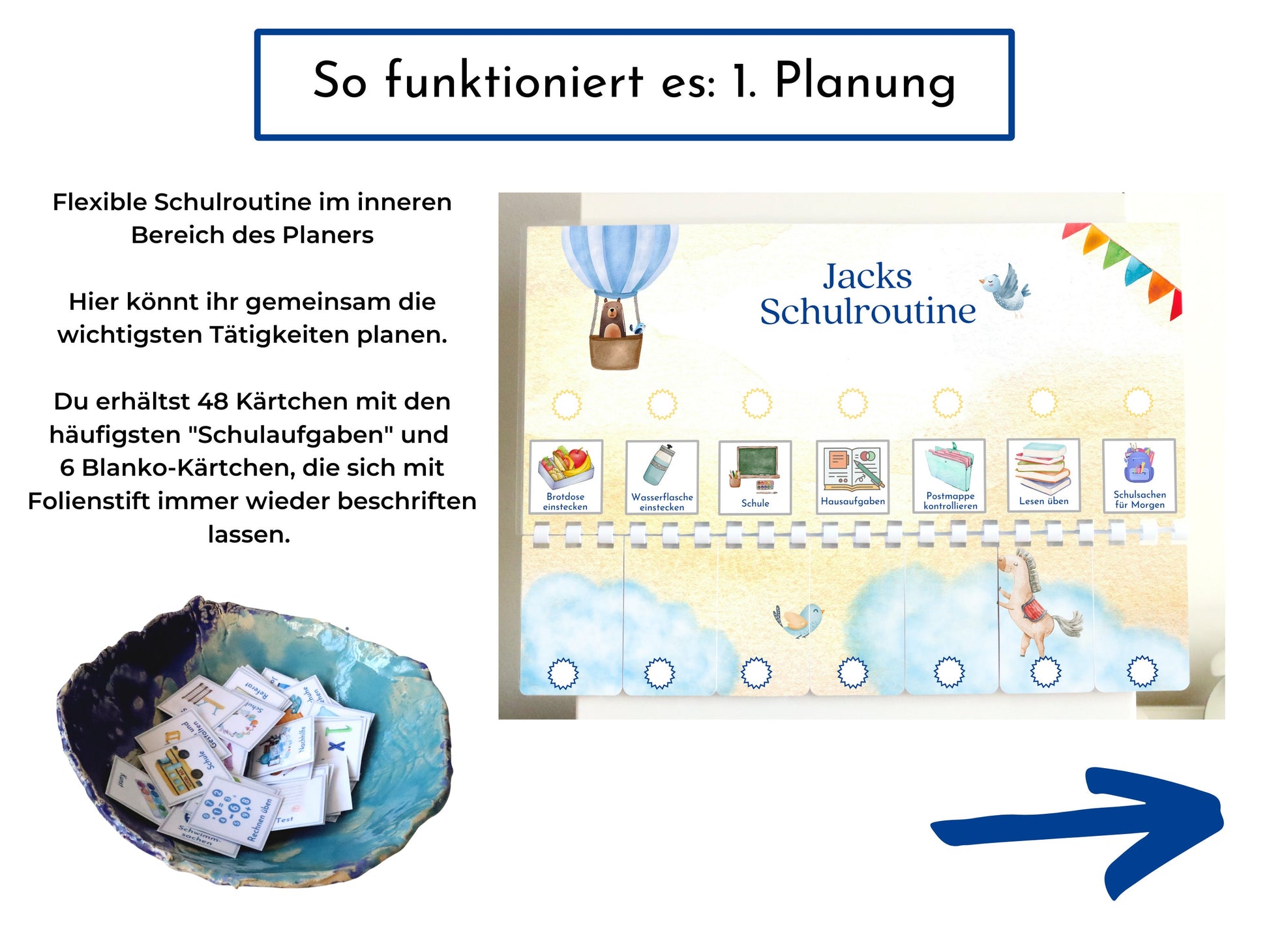 Routineplan für Schulkinder mit 48 Routine Karten, personalisiert, flexible Planung für den Schultag, fördert die Selbstständigkeit