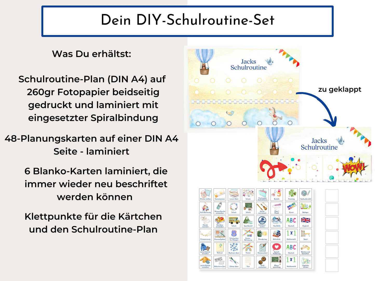 Routineplan für Schulkinder mit 48 Routine Karten, personalisiert, flexible Planung für den Schultag, fördert die Selbstständigkeit