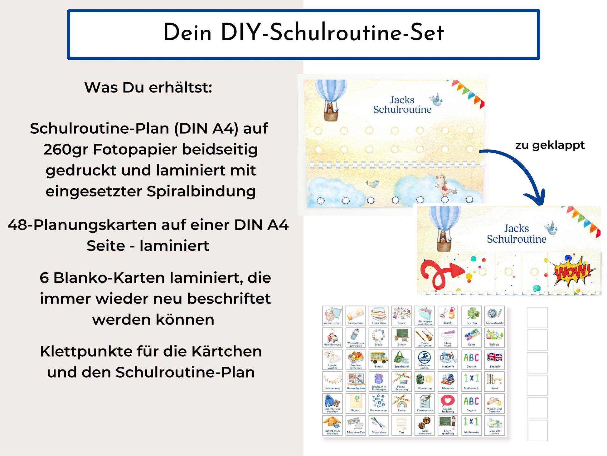 Routineplan für Schulkinder mit 48 Routine Karten, personalisiert, flexible Planung für den Schultag, fördert die Selbstständigkeit