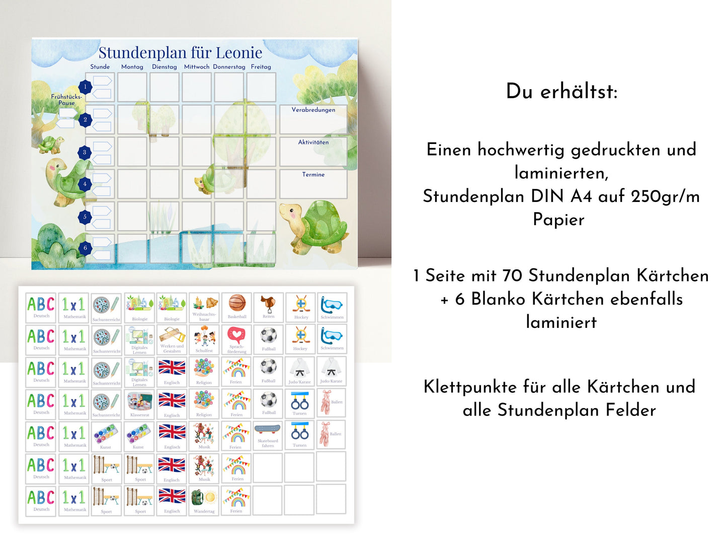 Stundenplan mit 70 Schulfach Kärtchen, personalisiert, Stundentafel laminiert abwischbar magnetisch, Geschenk Einschulung "Schildkröten"