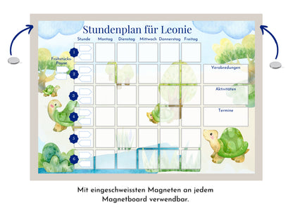 Stundenplan mit 70 Schulfach Kärtchen, personalisiert, Stundentafel laminiert abwischbar magnetisch, Geschenk Einschulung "Schildkröten"