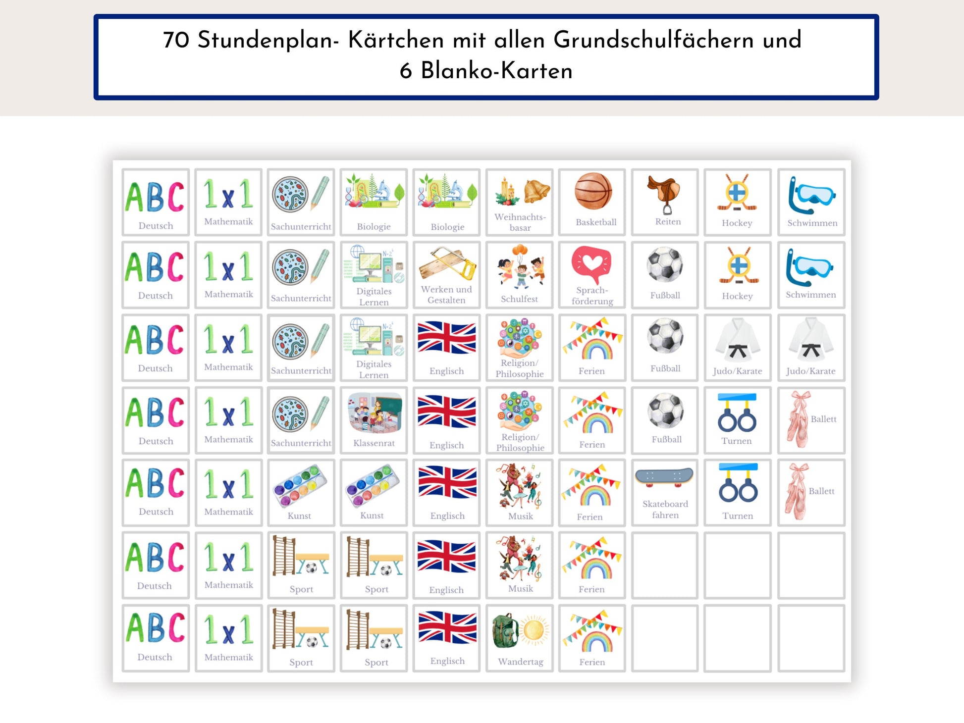 Stundenplan mit 70 Schulfach Kärtchen, personalisiert, Stundentafel laminiert abwischbar magnetisch, Geschenk Einschulung "Schildkröten"