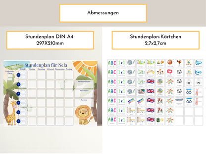 Personalisierter Stundenplan für die 1. Klasse, mit 70 Schulfach Kärtchen, magnetisch laminiert "Löwe und Krokodil"