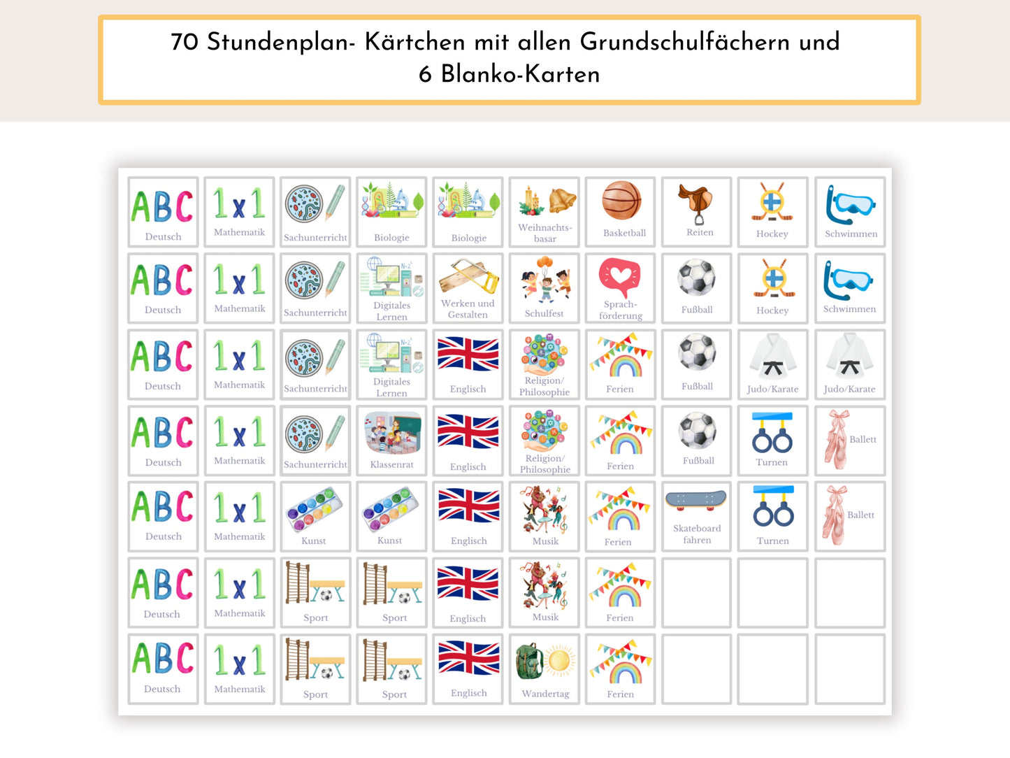 Personalisierter Stundenplan für die 1. Klasse, mit 70 Schulfach Kärtchen, magnetisch laminiert "Löwe und Krokodil"