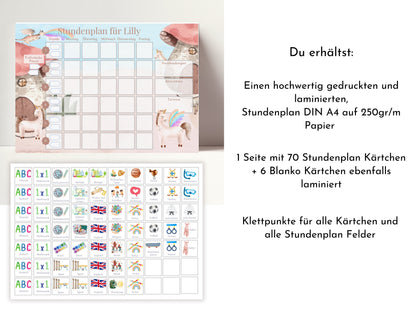 Stundenplan mit 70 Schulfach Karten, personalisiert für die Grundschule, optional magnetisch, Geschenkidee Einschulung "Rosa Einhörner"