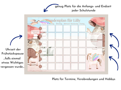 Stundenplan mit 70 Schulfach Karten, personalisiert für die Grundschule, optional magnetisch, Geschenkidee Einschulung "Rosa Einhörner"