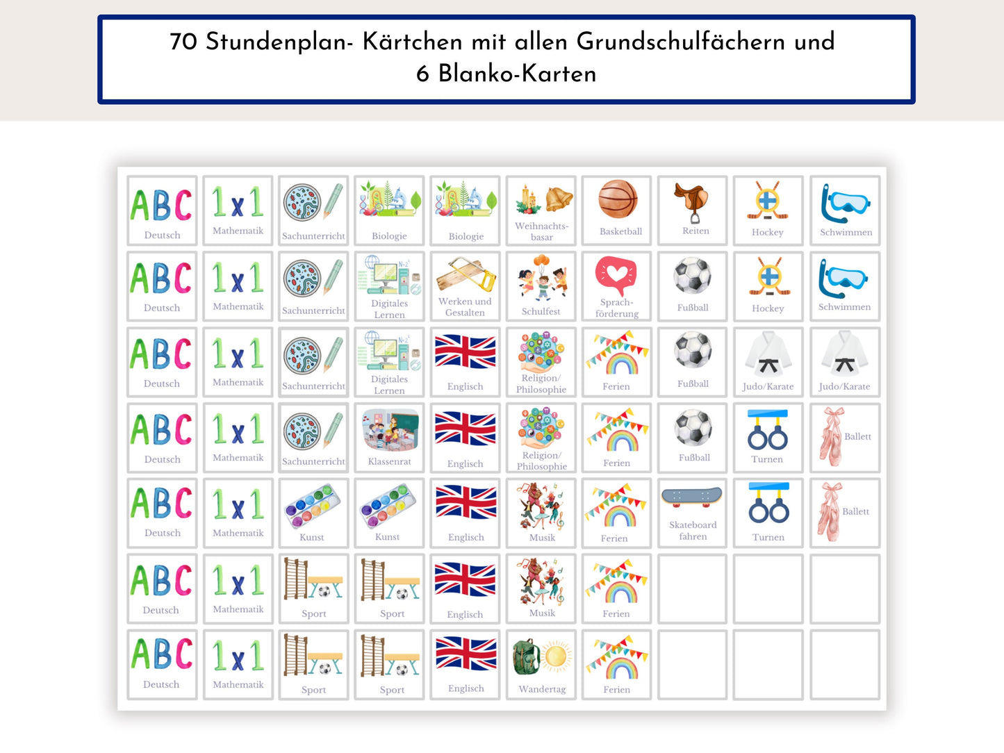 Stundenplan mit 70 Schulfach Karten, personalisiert für die Grundschule, optional magnetisch, Geschenkidee Einschulung "Rosa Einhörner"