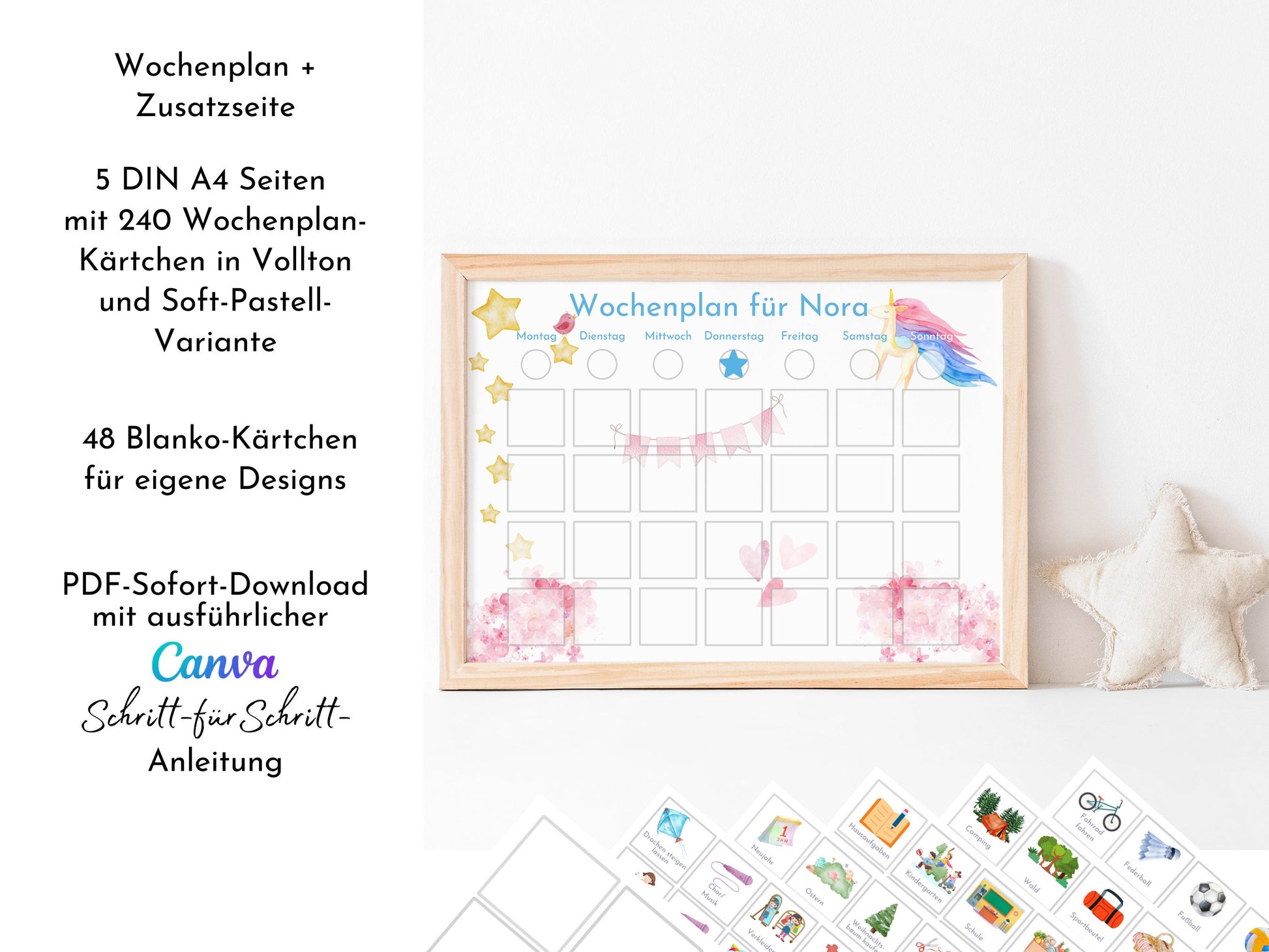 Wochenplan für Kinder, 288 Montessori Routine Karten, personalisierterer Routineplan, PDF Sofort-Download, Kinderwochenplan "Rosa Einhorn"