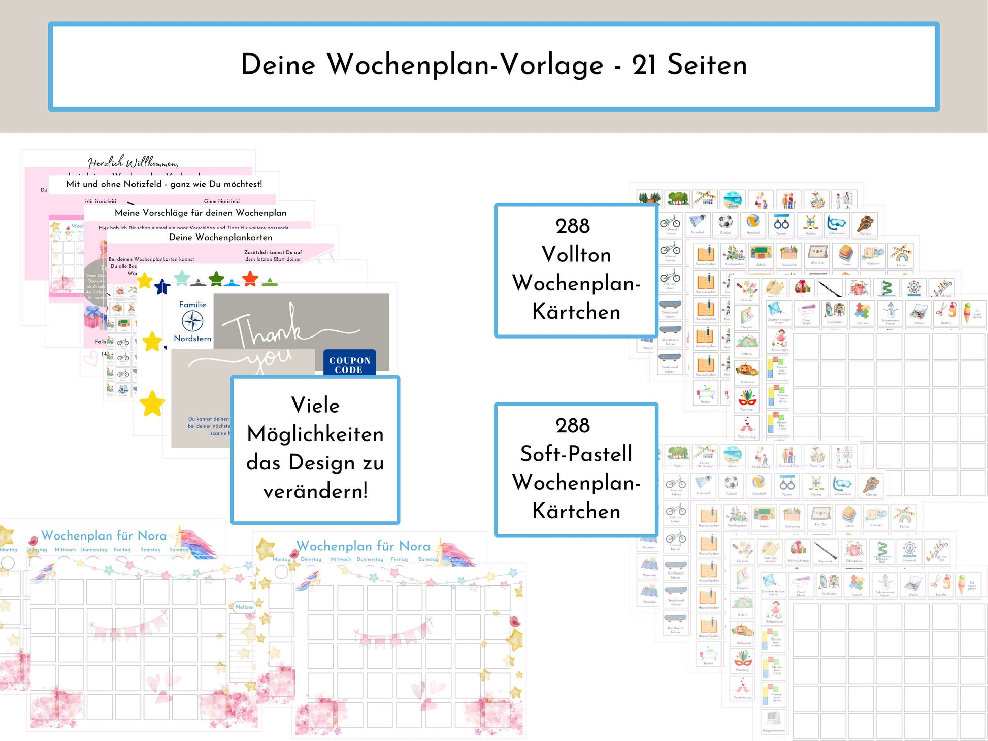 Wochenplan für Kinder, 288 Montessori Routine Karten, personalisierterer Routineplan, PDF Sofort-Download, Kinderwochenplan "Rosa Einhorn"