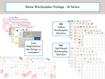 Wochenplan für Kinder, 288 Montessori Routine Karten, personalisierterer Routineplan, PDF Sofort-Download, Kinderwochenplan "Rosa Einhorn"