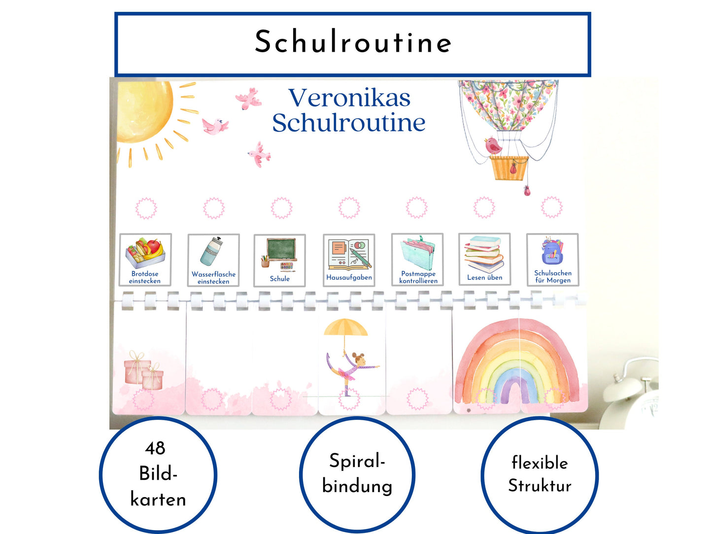 Routineplan für Schulkinder 48 Routine Karten, personalisiert, Schultag flexibel planen, fördert Selbstständigkeit, Schulroutine "Ballon"