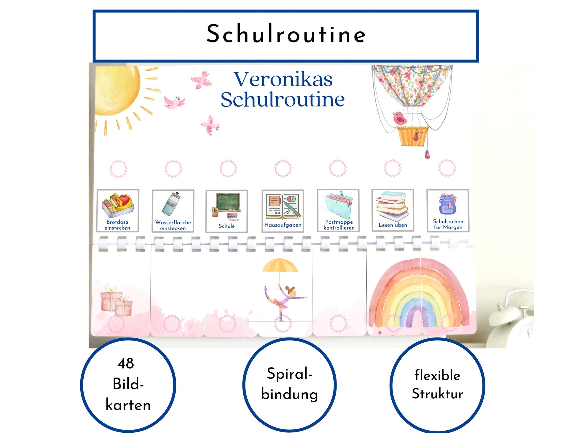 Routineplan für Schulkinder 48 Routine Karten, personalisiert, Schultag flexibel planen, fördert Selbstständigkeit, Schulroutine "Ballon"