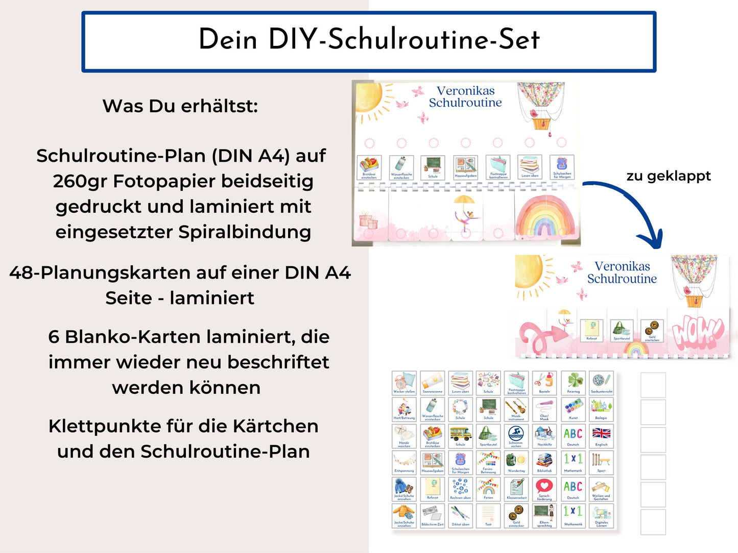 Routineplan für Schulkinder 48 Routine Karten, personalisiert, Schultag flexibel planen, fördert Selbstständigkeit, Schulroutine "Ballon"