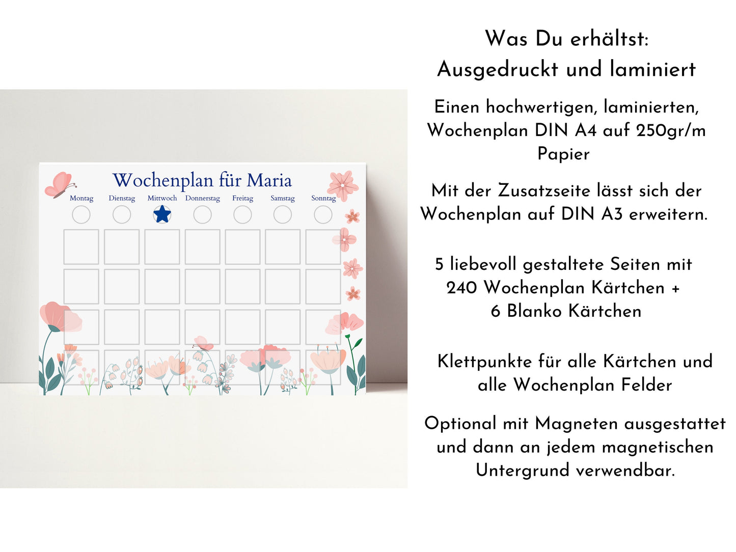 Personalisierter Wochenplan für Kinder und Teenager, 246 Routine Karten, laminiert magnetisch, Geschenkidee Geburtstag Routineplan "Blumen"