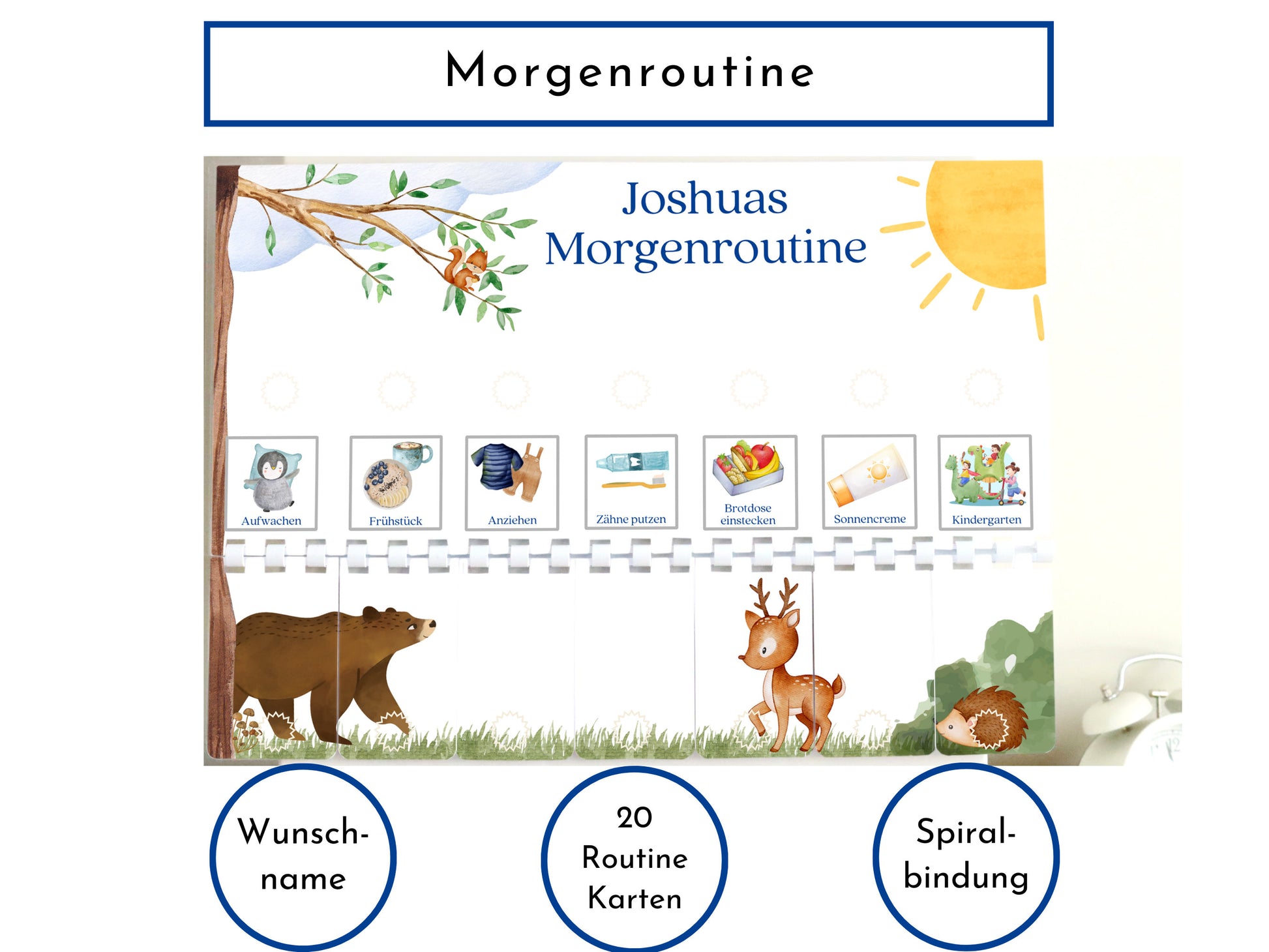 Morgenroutine "Reh und Bär" für Kinder, personalisiert, doppelseitig bedruckt, flexible Routine mit 20 Morgenroutine Karten, Spiralbindung