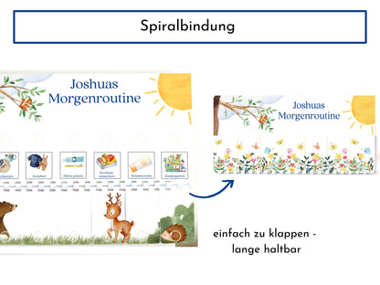 Morgenroutine "Reh und Bär" für Kinder, personalisiert, doppelseitig bedruckt, flexible Routine mit 20 Morgenroutine Karten, Spiralbindung