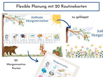 Morgenroutine "Reh und Bär" für Kinder, personalisiert, doppelseitig bedruckt, flexible Routine mit 20 Morgenroutine Karten, Spiralbindung