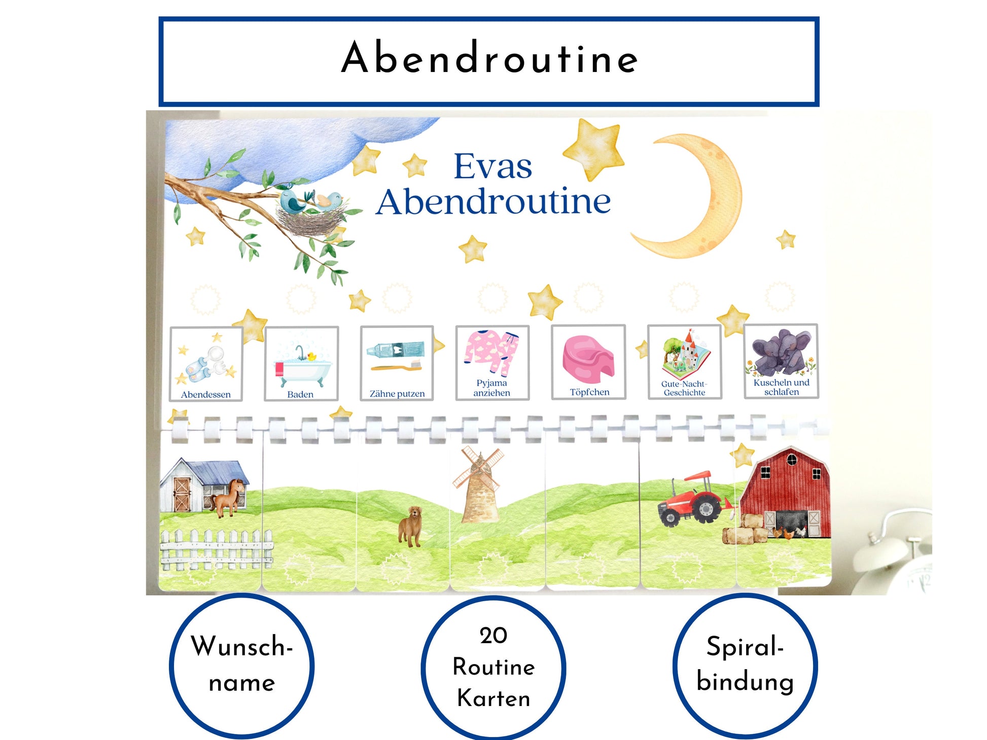 Abendroutine "Bauernhof" für Kinder, personalisiert, doppelseitig bedruckt, flexible Routine mit 20 Abendroutine Karten, mit Spiralbindung