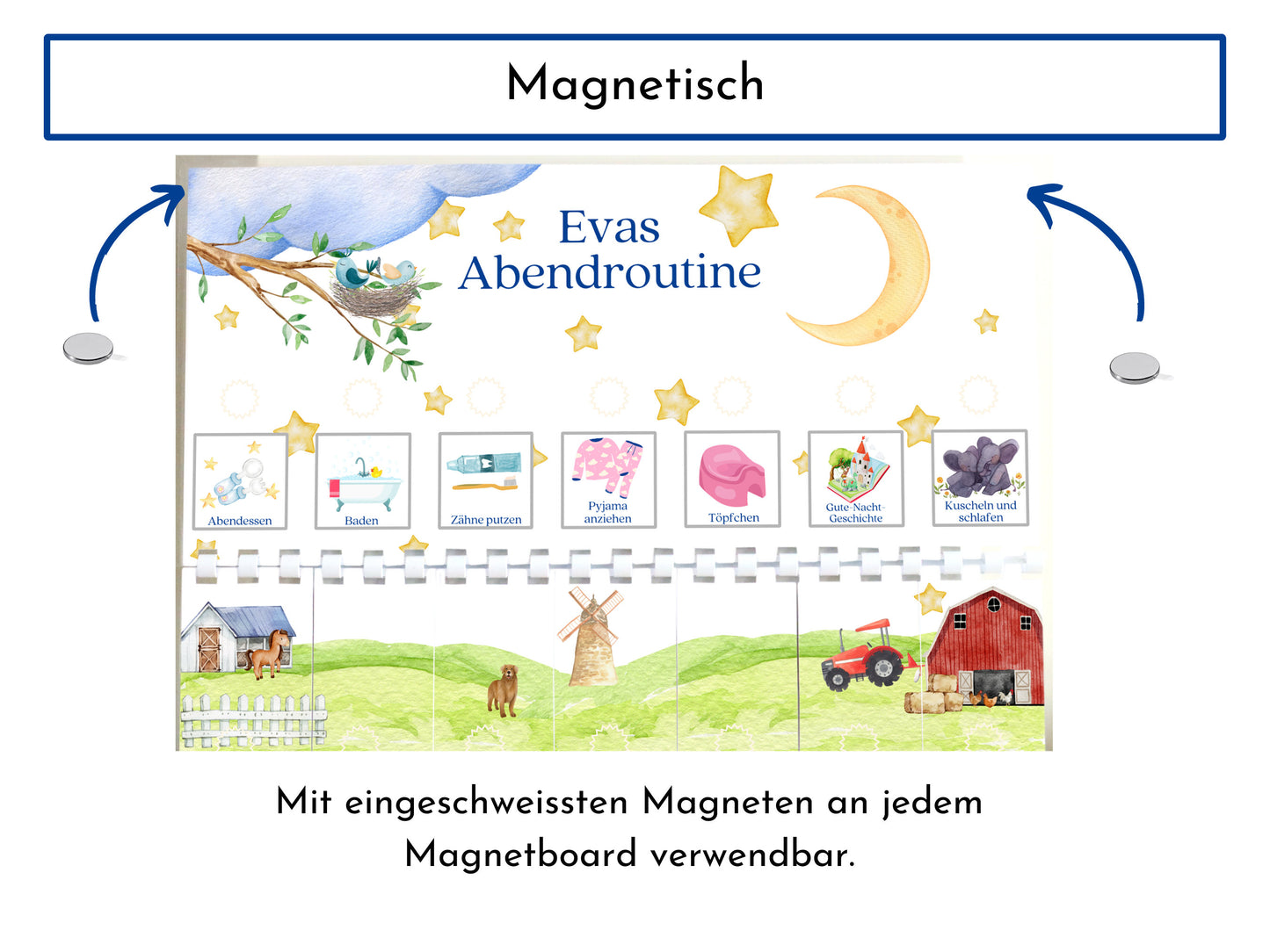 Abendroutine "Bauernhof" für Kinder, personalisiert, doppelseitig bedruckt, flexible Routine mit 20 Abendroutine Karten, mit Spiralbindung