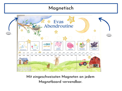 Abendroutine "Bauernhof" für Kinder, personalisiert, doppelseitig bedruckt, flexible Routine mit 20 Abendroutine Karten, mit Spiralbindung