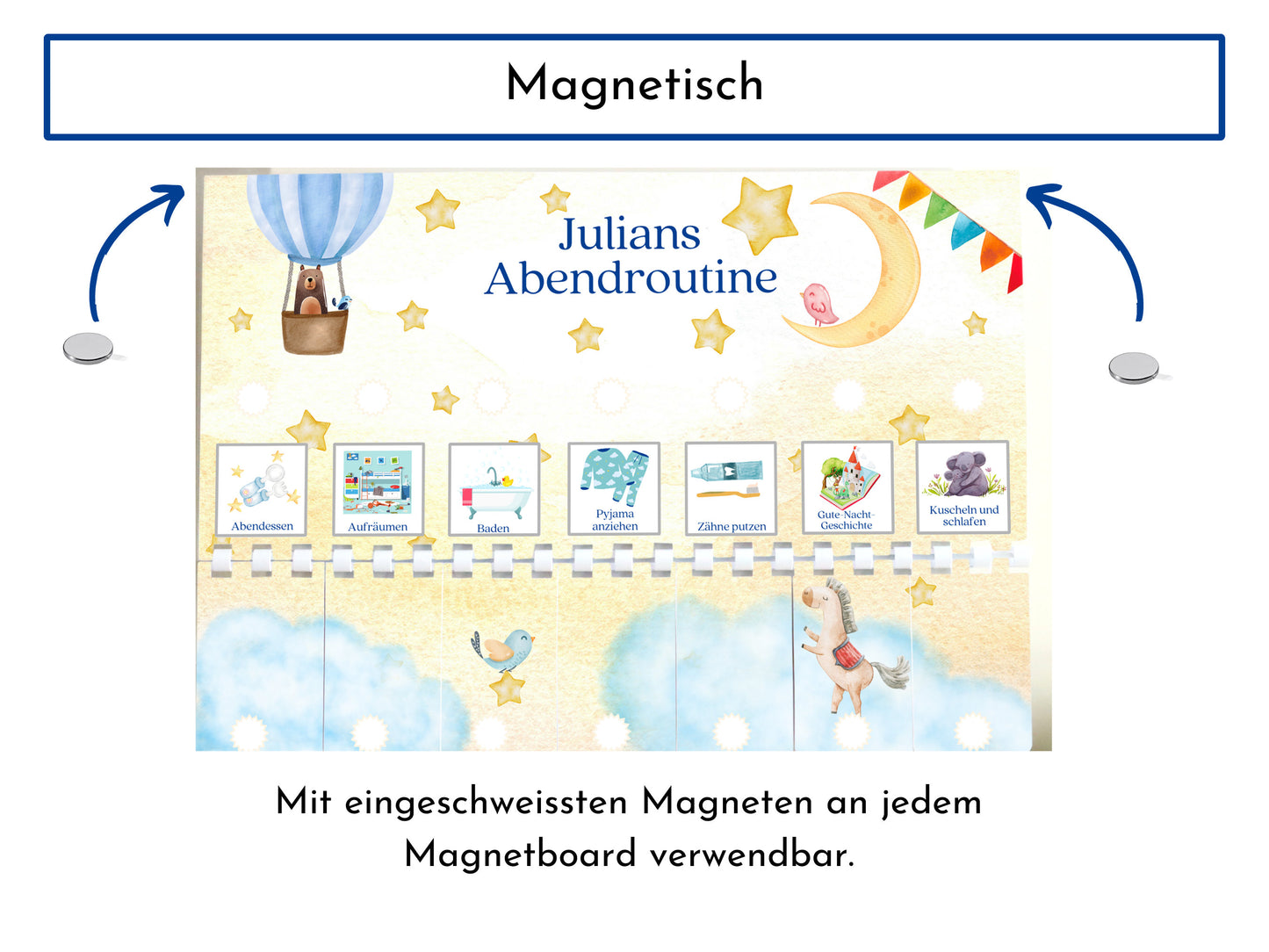 Abendroutine für Kinder, personalisiert, doppelseitig bedruckt, flexible Routine mit 20 Abendroutine Karten, gebunden mit Spiralbindung