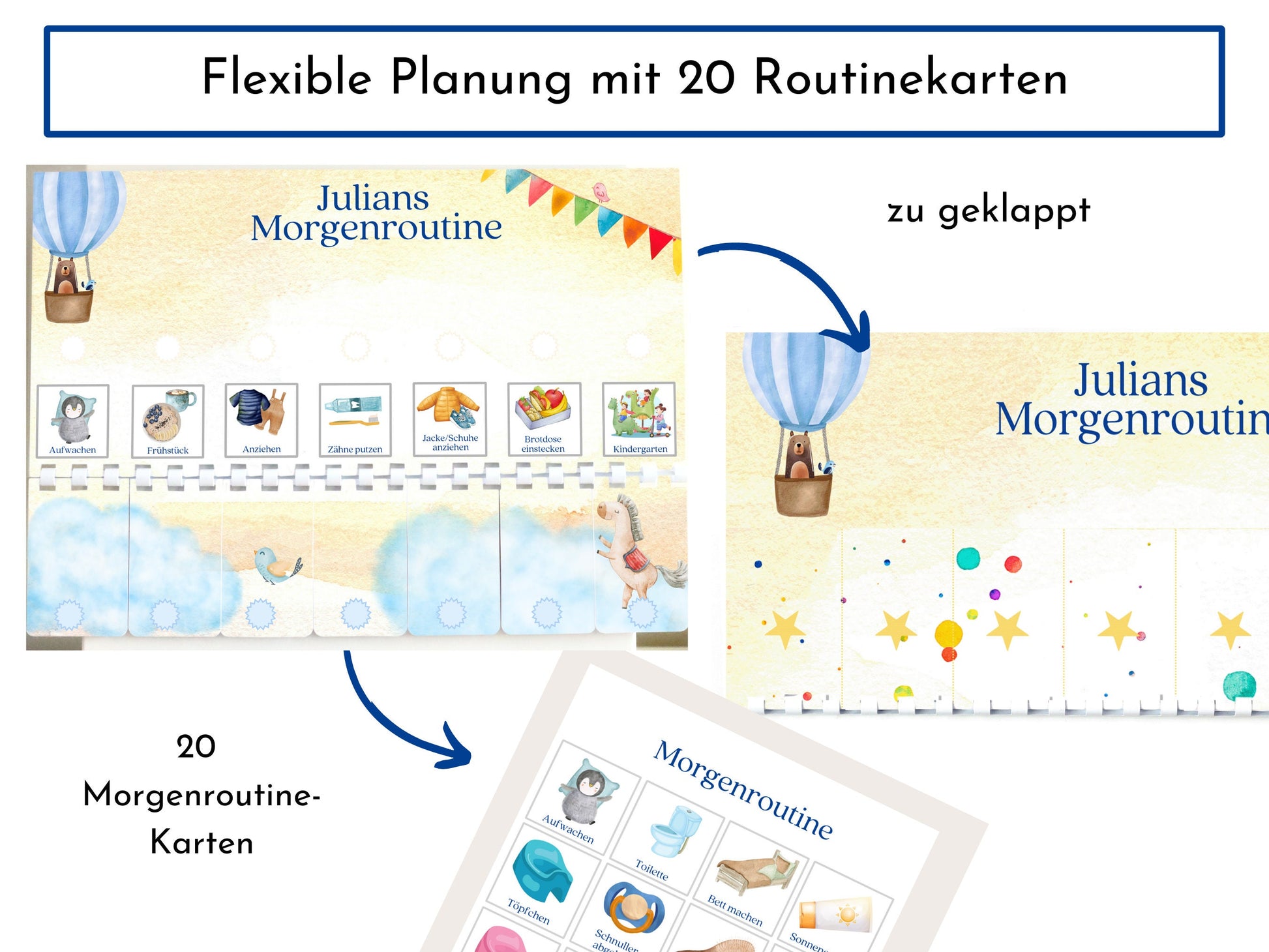 Morgenroutine für Kinder, personalisiert magnetisch doppelseitig, 20 Routine Karten, Spiralbindung und Klettleiste, Routineplan "Himmlisch"