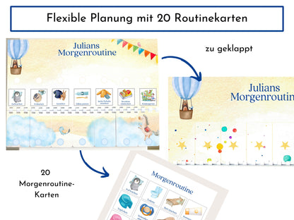 Morgenroutine für Kinder, personalisiert magnetisch doppelseitig, 20 Routine Karten, Spiralbindung und Klettleiste, Routineplan "Himmlisch"