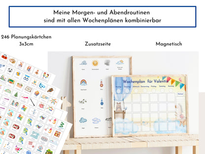 Morgenroutine für Kinder, personalisiert magnetisch doppelseitig, 20 Routine Karten, Spiralbindung und Klettleiste, Routineplan "Himmlisch"