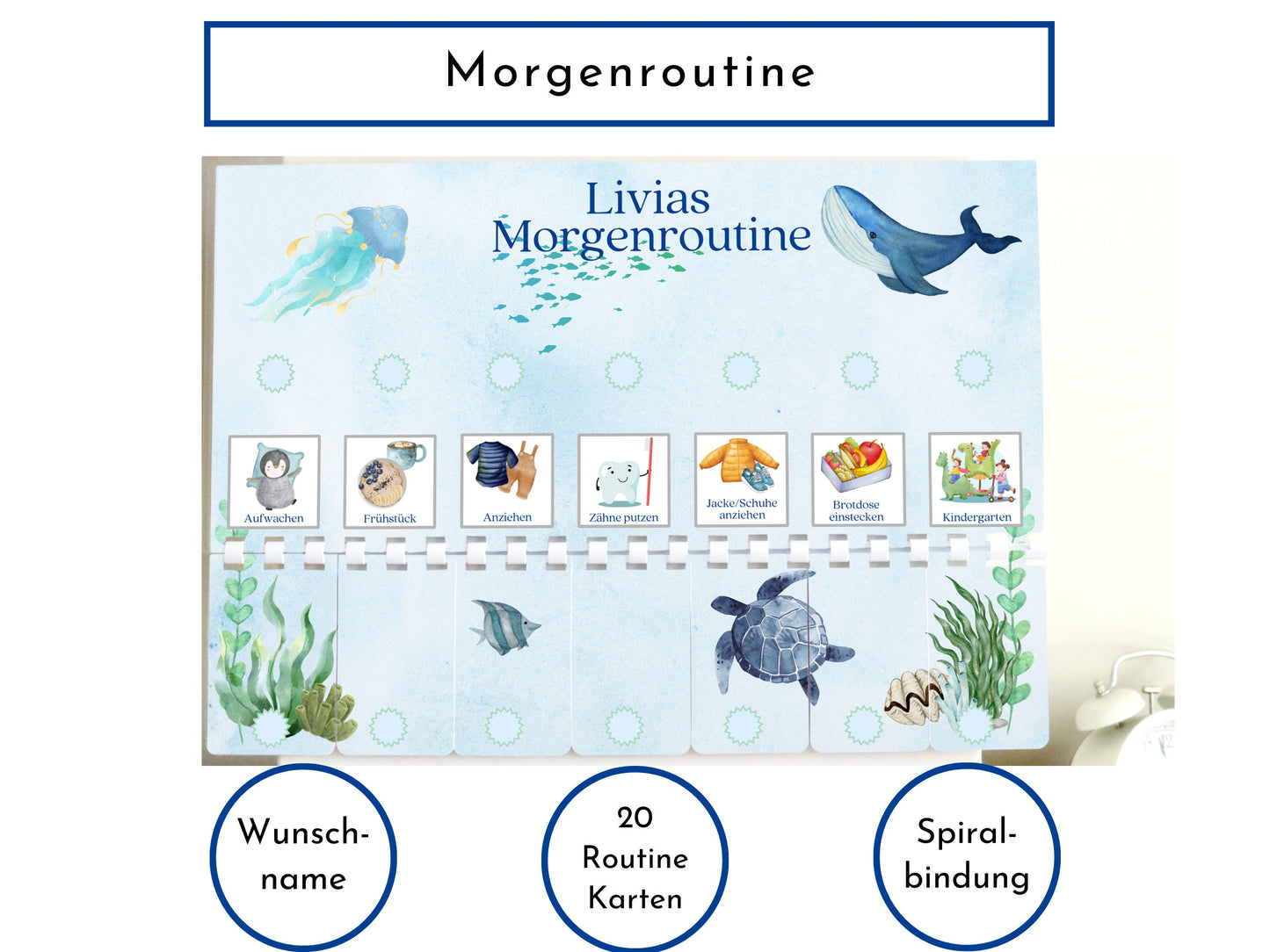 Morgenroutine für Kinder, personalisiert, doppelseitig bedruckt, flexible Routine mit 20 Morgenroutine Karten, gebunden mit Spiralbindung