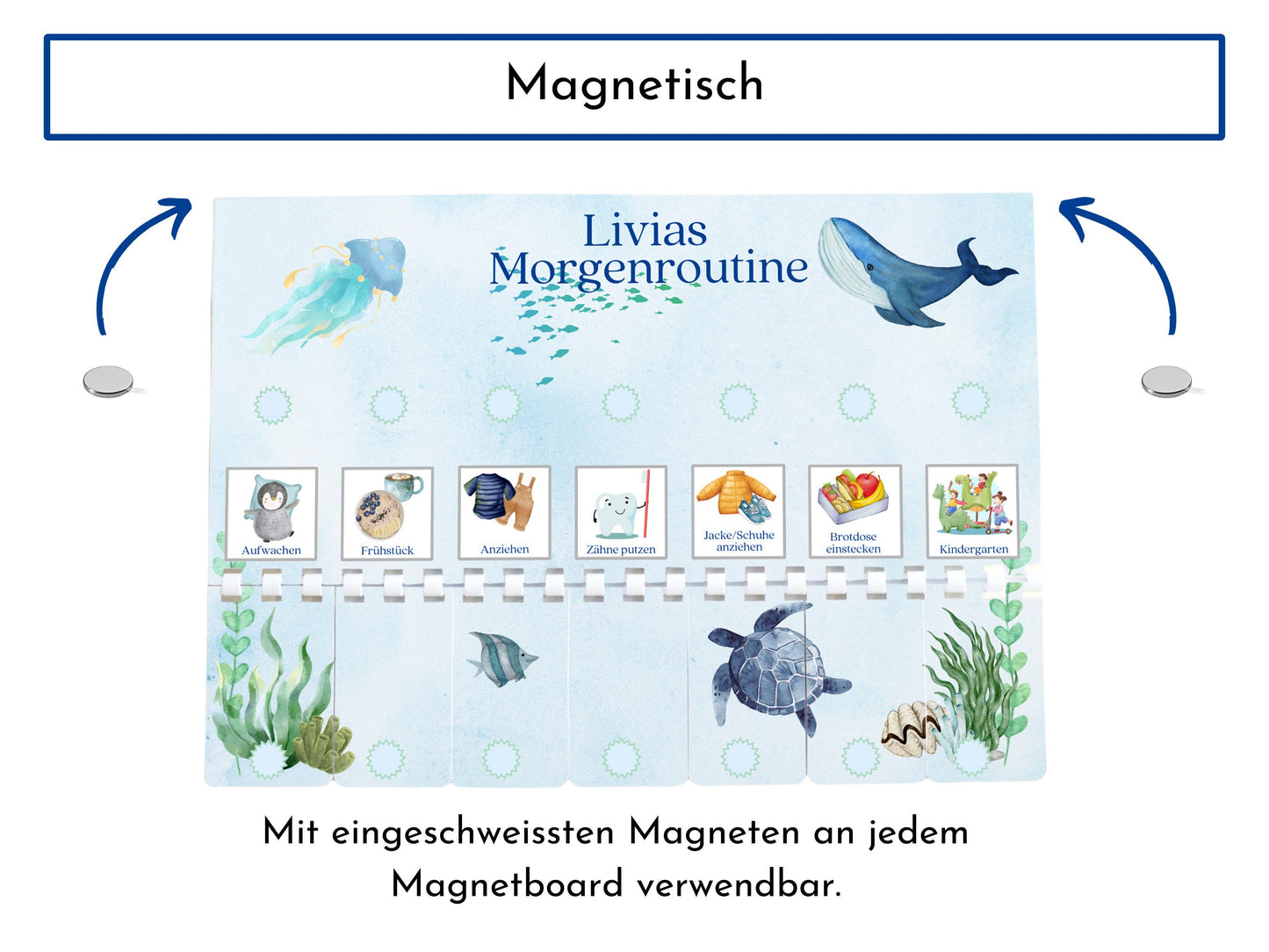 Morgenroutine für Kinder, personalisiert, doppelseitig bedruckt, flexible Routine mit 20 Morgenroutine Karten, gebunden mit Spiralbindung