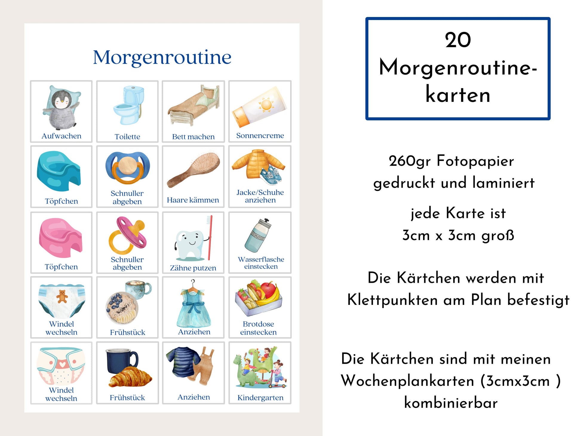 Morgenroutine für Kinder, personalisiert, doppelseitig bedruckt, flexible Routine mit 20 Morgenroutine Karten, gebunden mit Spiralbindung