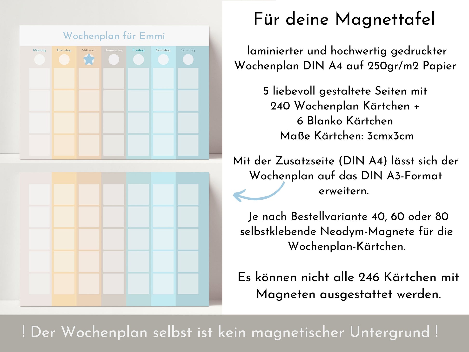 Magnetboard Wochenplan "Autos und Laster" personalisiert für Kinder, 246 Routine Karten, Neodym-Magnete, Routineplan Familie Nordstern