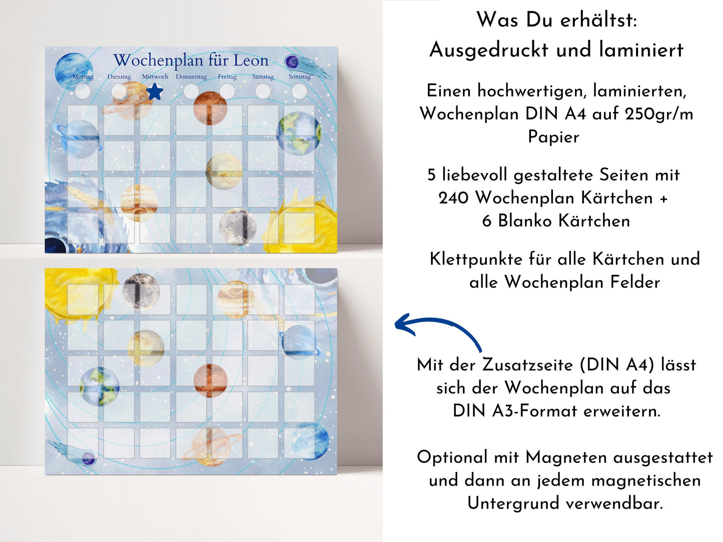 Personalisierter Wochenplan für Kinder mit 246 Routine Karten, laminiert und optional magnetisch, Routineplan "Milchstraße"