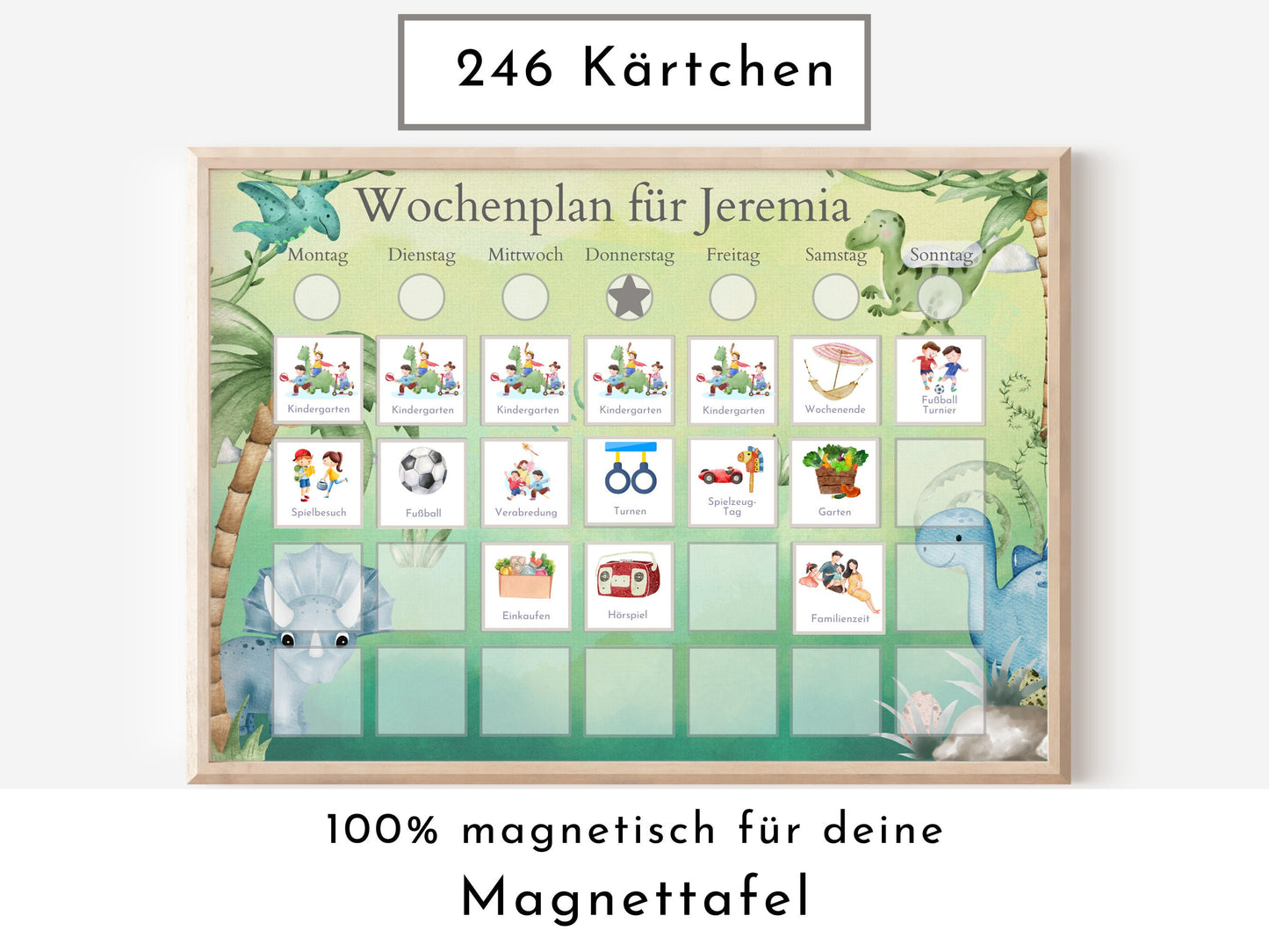 Personalisierter Wochenplan für Kinder und Teenager, 246 Routine Karten, Tagesplan mit 40-80 Magneten, Routineplan "Dinosaurier"