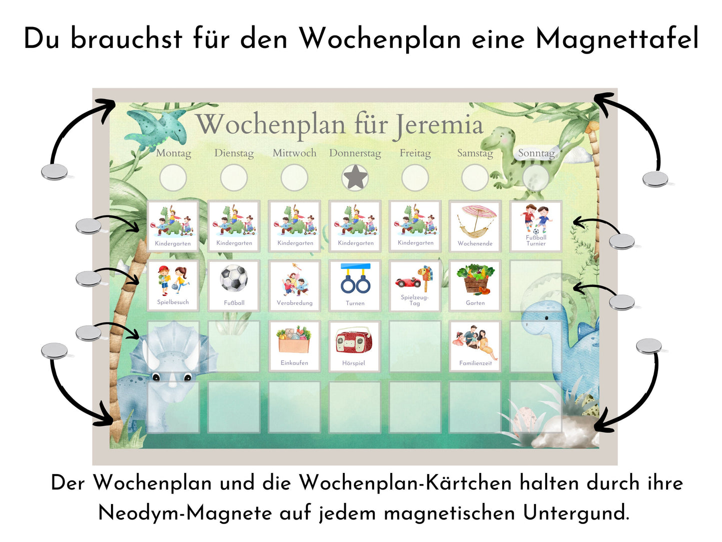 Personalisierter Wochenplan für Kinder und Teenager, 246 Routine Karten, Tagesplan mit 40-80 Magneten, Routineplan "Dinosaurier"