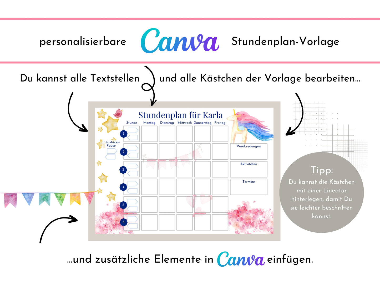 Stundenplan für die Grundschule mit Schulfach Bildkarten für Kinder, 70 Schulfachkarten zum Ausdrucken, Sofort-Download "Einhorn"