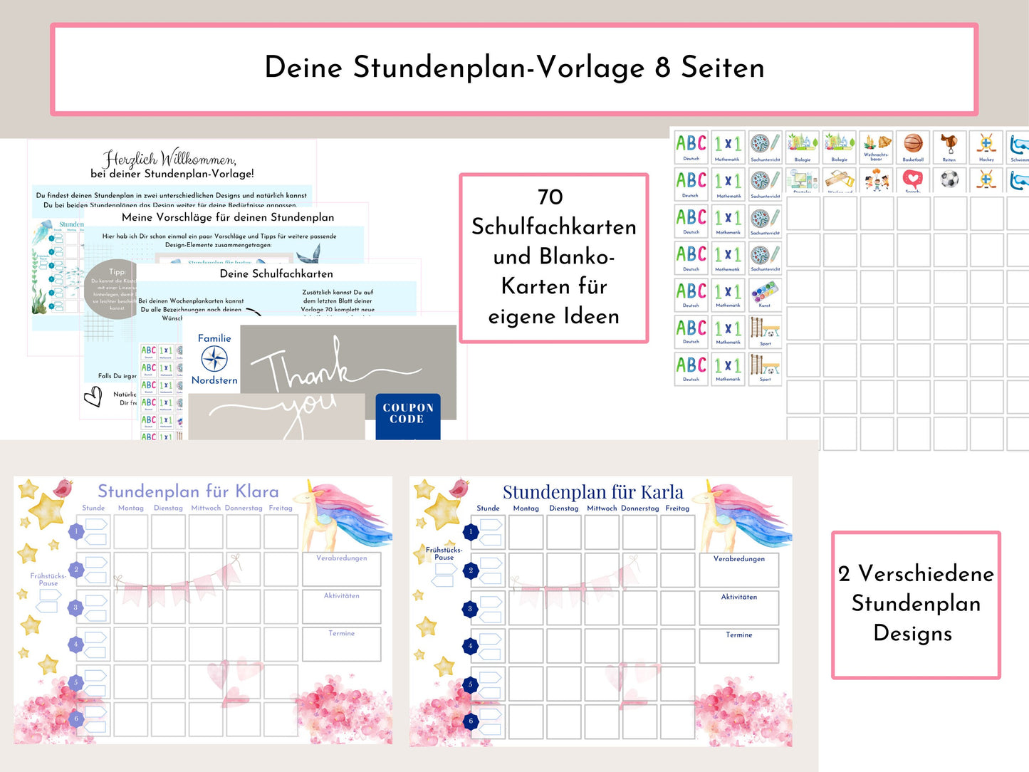 Stundenplan für die Grundschule mit Schulfach Bildkarten für Kinder, 70 Schulfachkarten zum Ausdrucken, Sofort-Download "Einhorn"