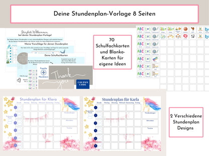 Stundenplan für die Grundschule mit Schulfach Bildkarten für Kinder, 70 Schulfachkarten zum Ausdrucken, Sofort-Download "Einhorn"