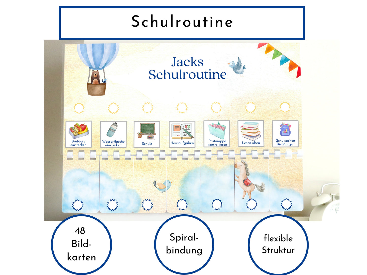 Routineplan für Schulkinder mit 48 Routine Karten, personalisiert, flexible Planung für den Schultag, fördert die Selbstständigkeit