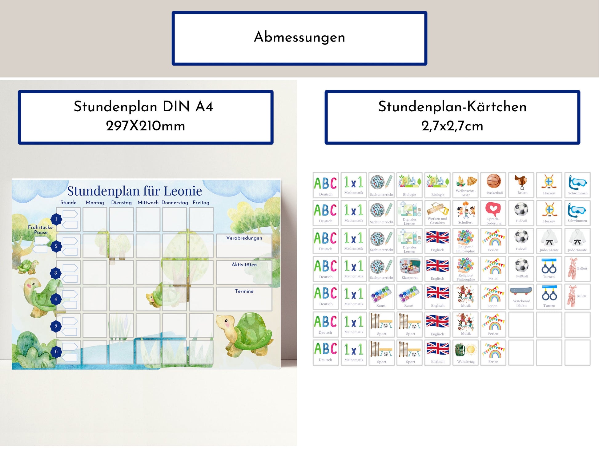 Stundenplan mit 70 Schulfach Kärtchen, personalisiert, Stundentafel laminiert abwischbar magnetisch, Geschenk Einschulung "Schildkröten"