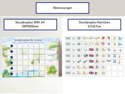 Stundenplan mit 70 Schulfach Kärtchen, personalisiert, Stundentafel laminiert abwischbar magnetisch, Geschenk Einschulung "Schildkröten"