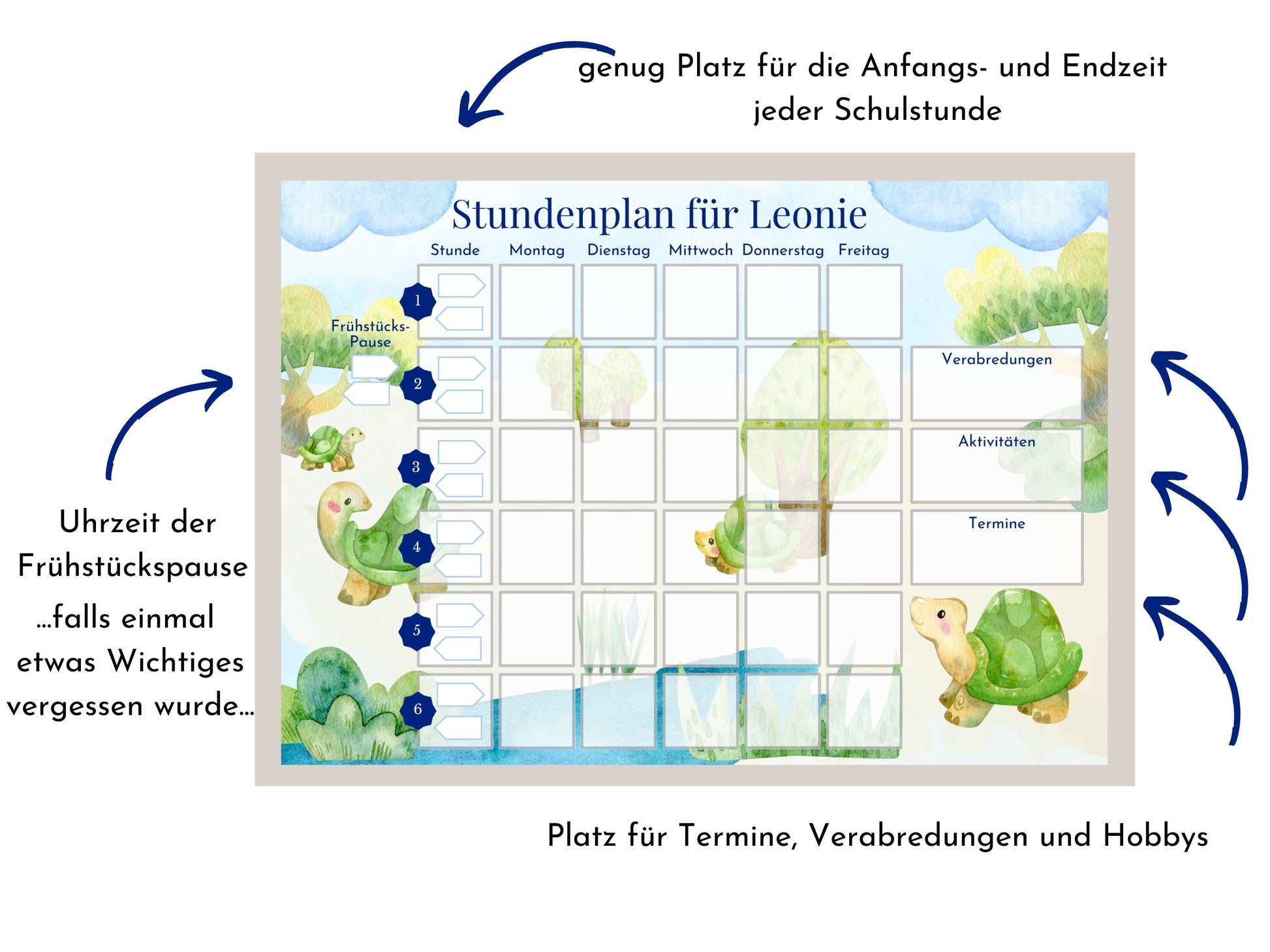 Stundenplan mit 70 Schulfach Kärtchen, personalisiert, Stundentafel laminiert abwischbar magnetisch, Geschenk Einschulung "Schildkröten"