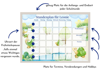 Stundenplan mit 70 Schulfach Kärtchen, personalisiert, Stundentafel laminiert abwischbar magnetisch, Geschenk Einschulung "Schildkröten"