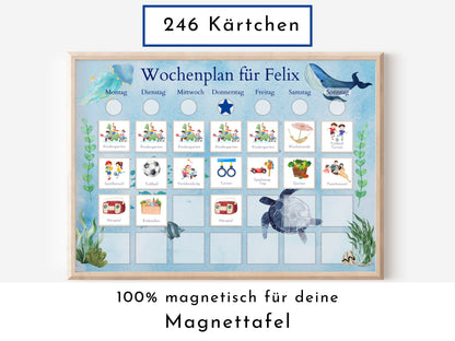 Magnetboard Wochenplan für Kinder und Teenager, Tagesplan mit 246 Routine Karten, Neodym-Magnete, Routineplan "Meerestiere"