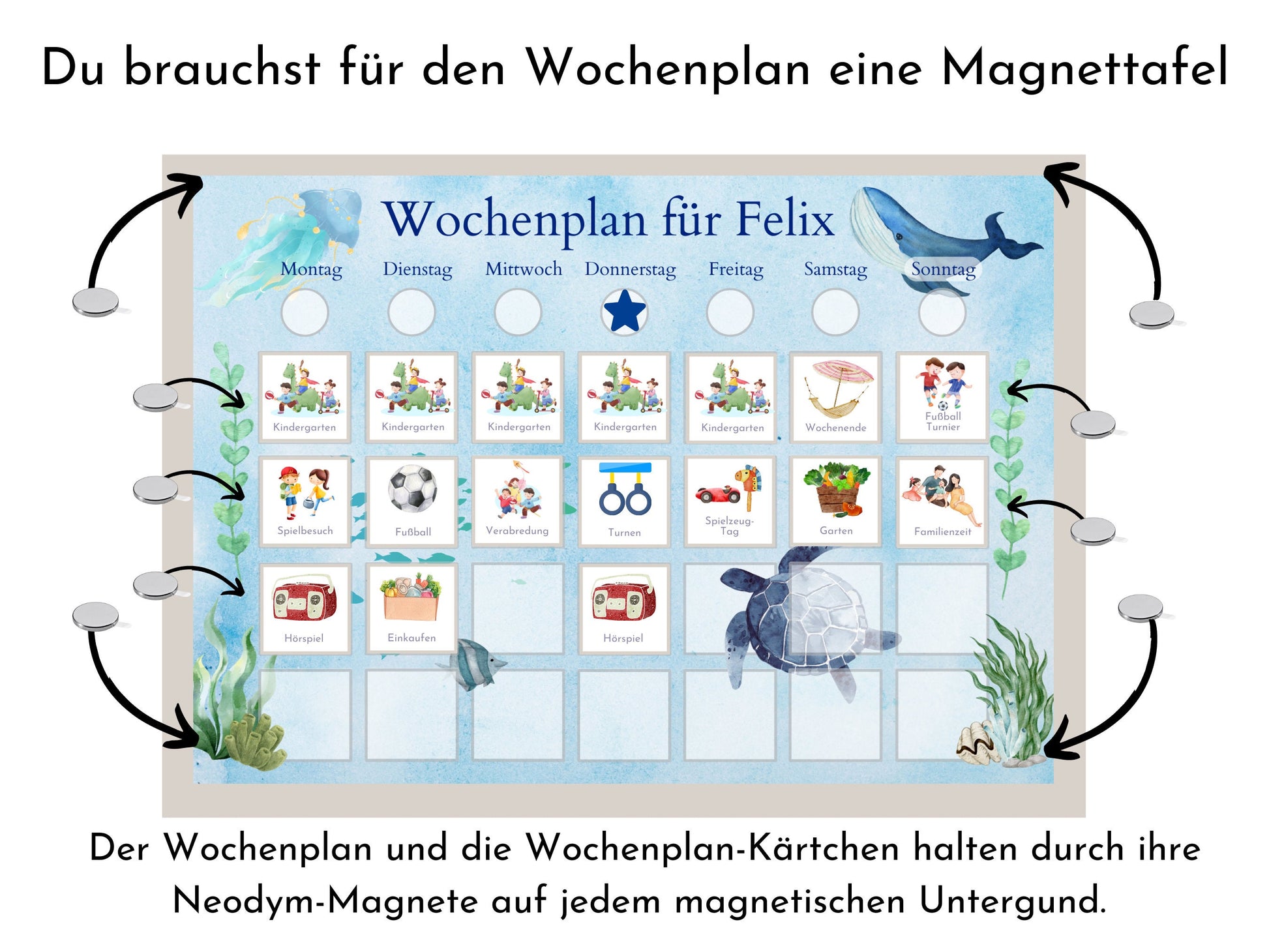 Magnetboard Wochenplan für Kinder und Teenager, Tagesplan mit 246 Routine Karten, Neodym-Magnete, Routineplan "Meerestiere"