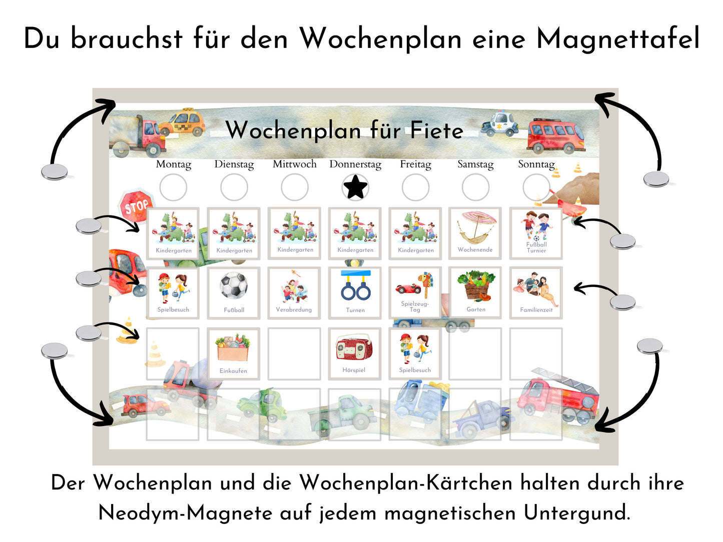 Magnetboard Wochenplan "Autos und Laster" personalisiert für Kinder, 246 Routine Karten, Neodym-Magnete, Routineplan Familie Nordstern