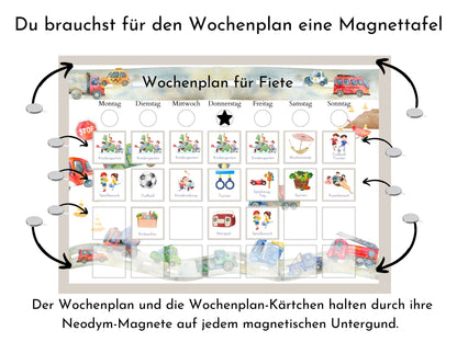 Magnetboard Wochenplan "Autos und Laster" personalisiert für Kinder, 246 Routine Karten, Neodym-Magnete, Routineplan Familie Nordstern