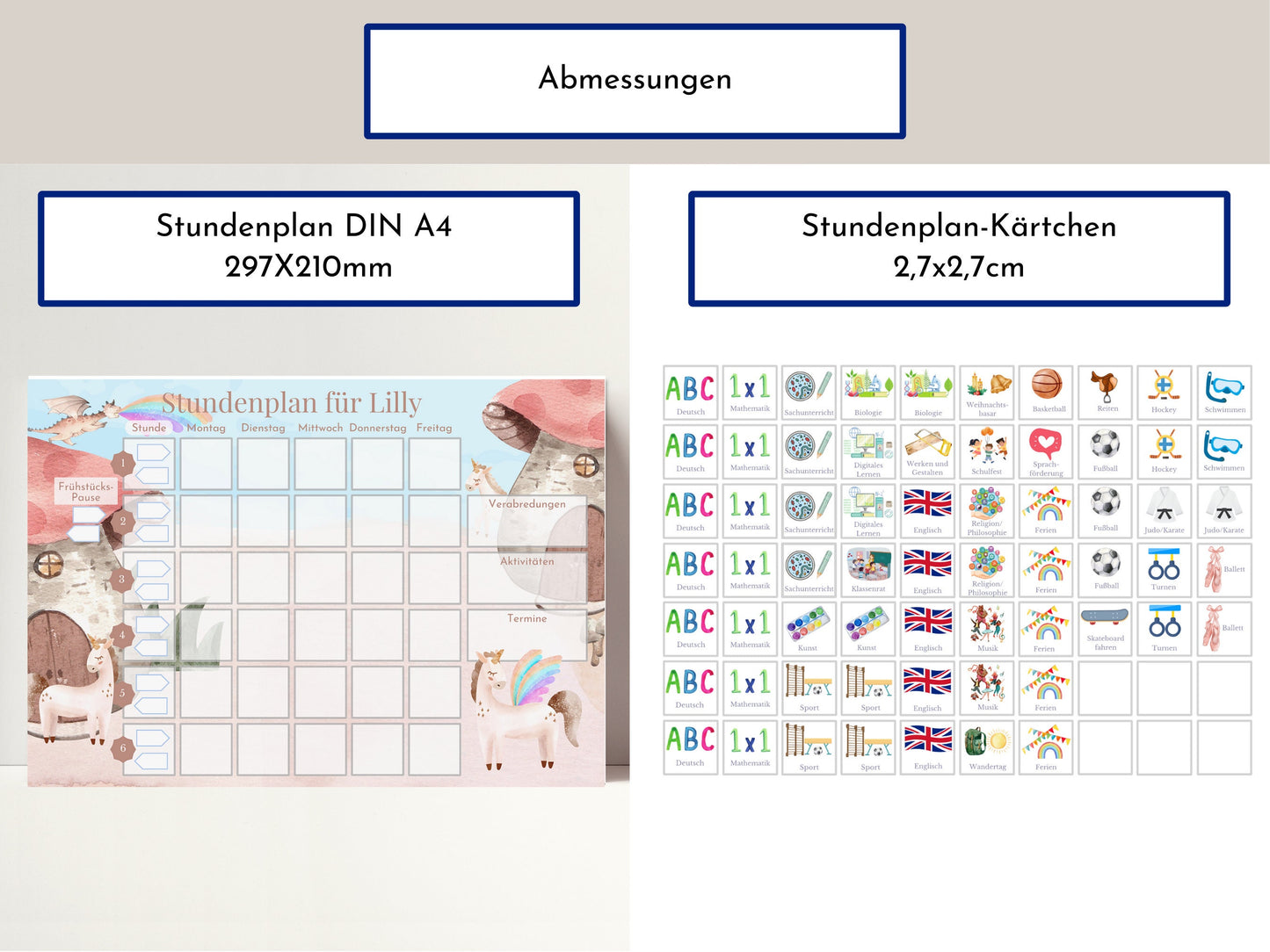 Stundenplan mit 70 Schulfach Karten, personalisiert für die Grundschule, optional magnetisch, Geschenkidee Einschulung "Rosa Einhörner"